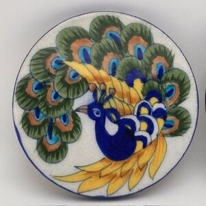 Vintage Blue Peacock Ceramic Coasters Beautiful Handmade